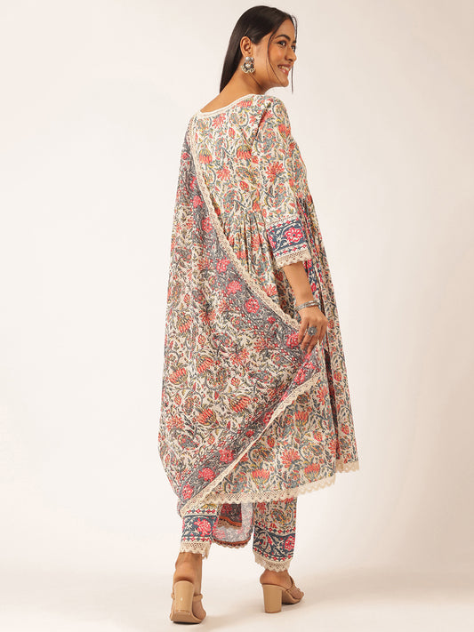 Beige Cotton Floral Printed Straight Kurta Set
