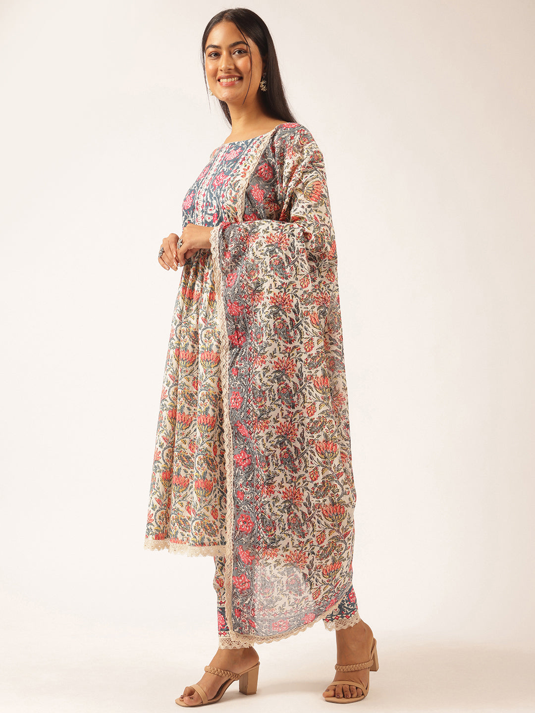 Beige Cotton Floral Printed Straight Kurta Set