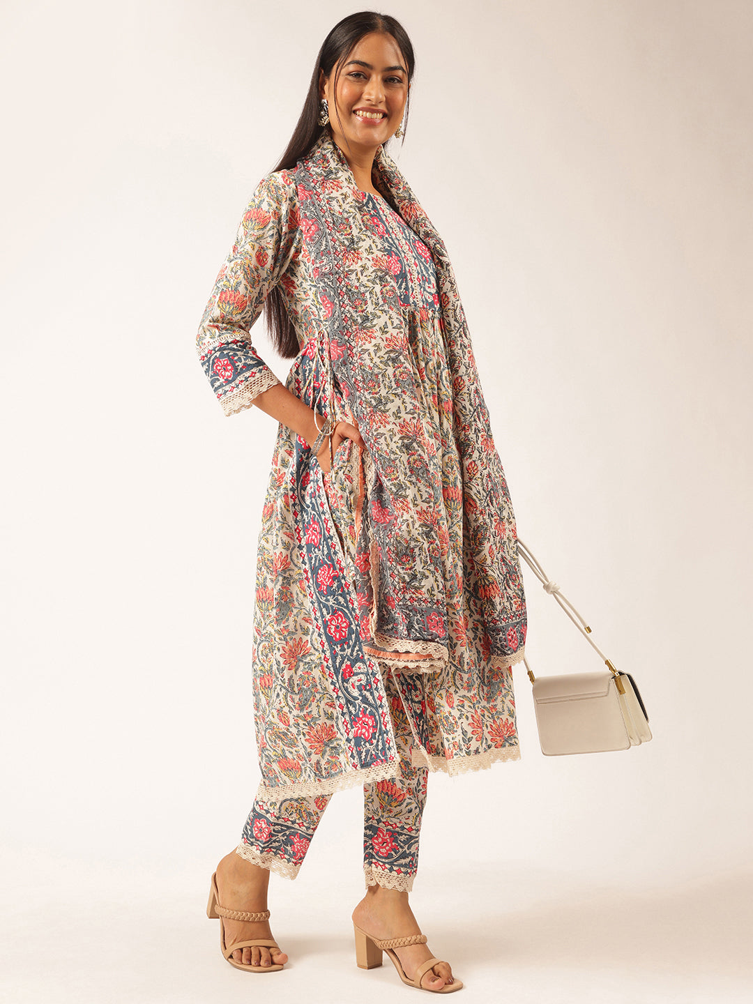 Beige Cotton Floral Printed Straight Kurta Set