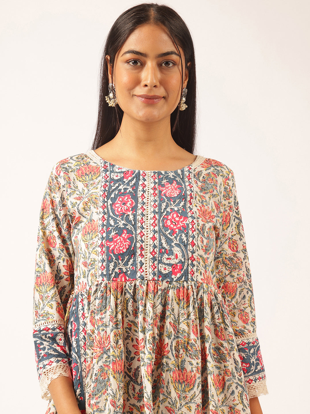 Beige Cotton Floral Printed Straight Kurta Set