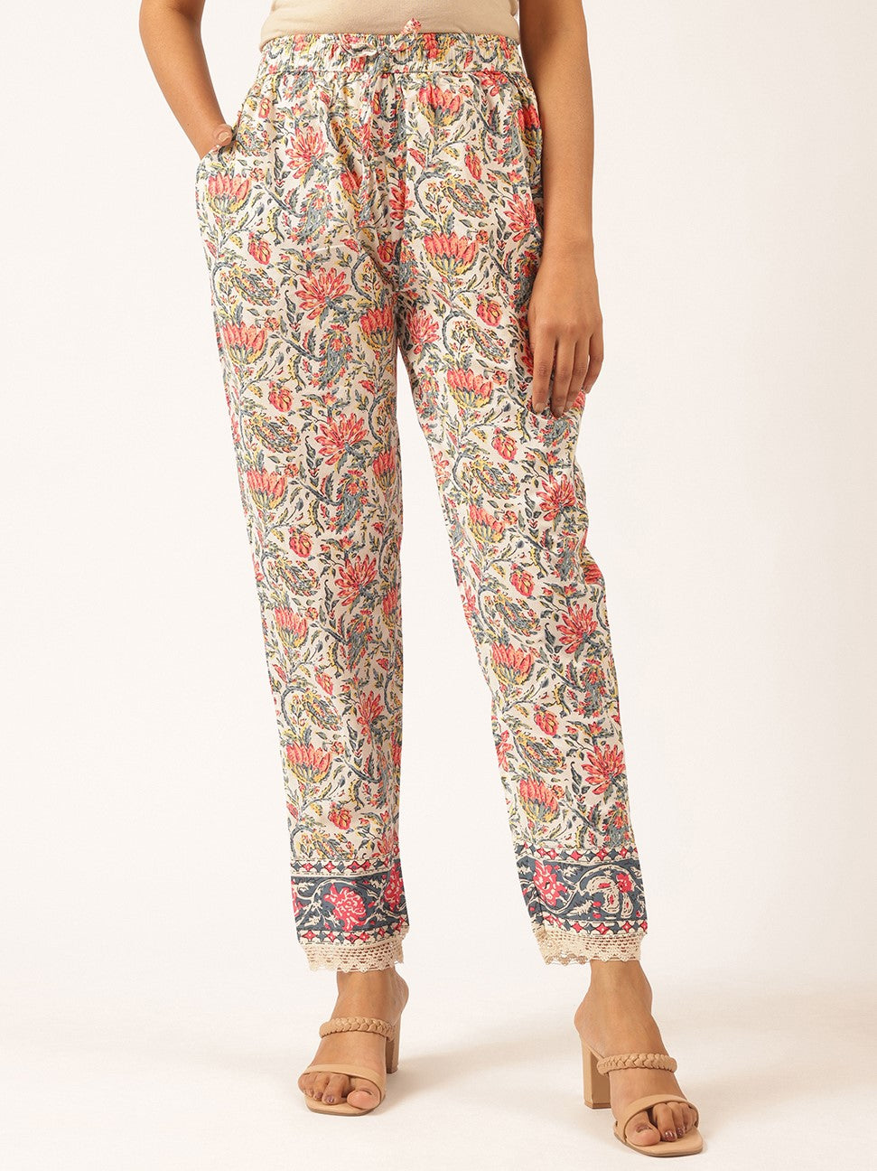 Beige Cotton Floral Printed Straight Kurta Set