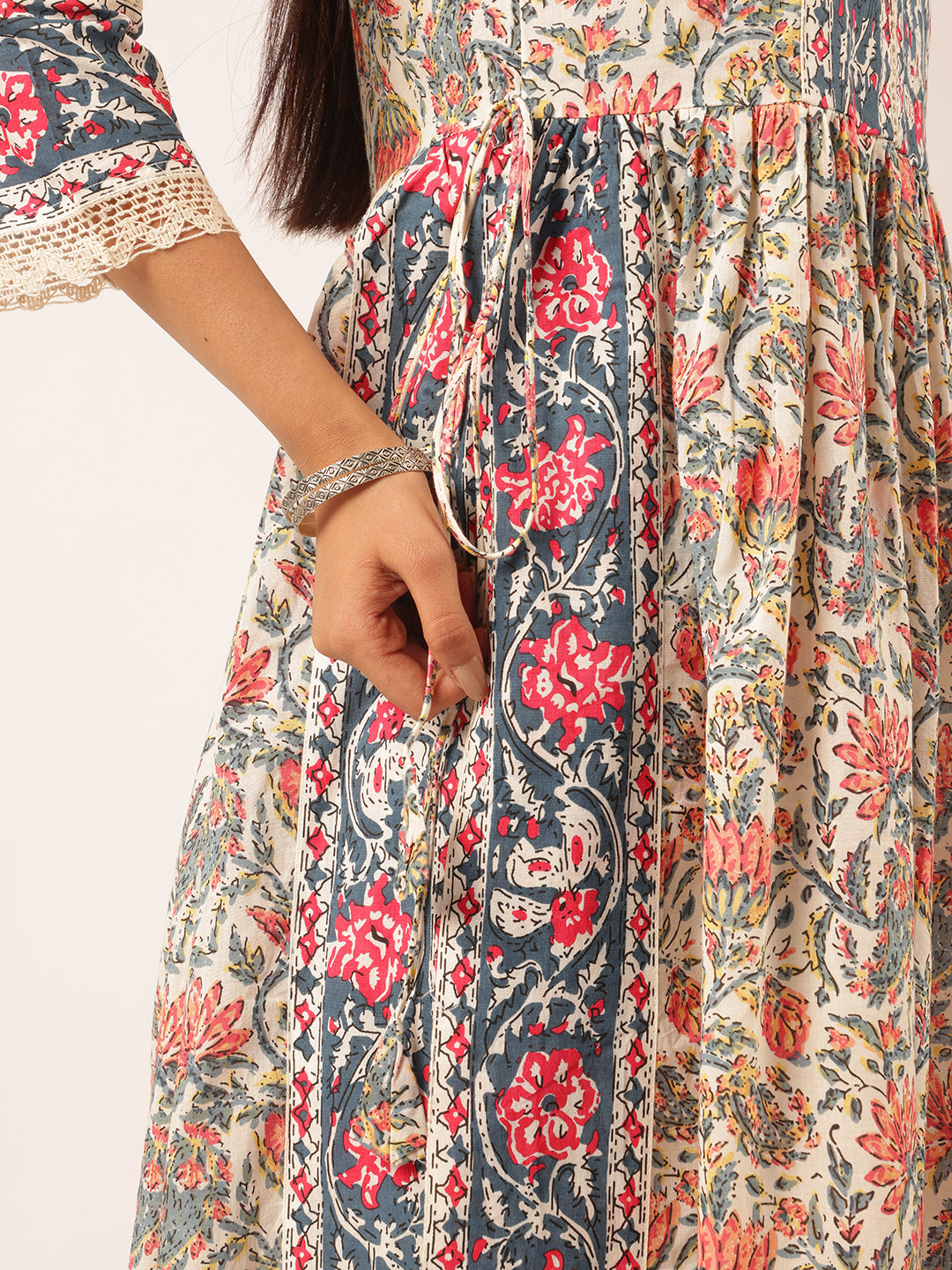 Beige Cotton Floral Printed Straight Kurta Set