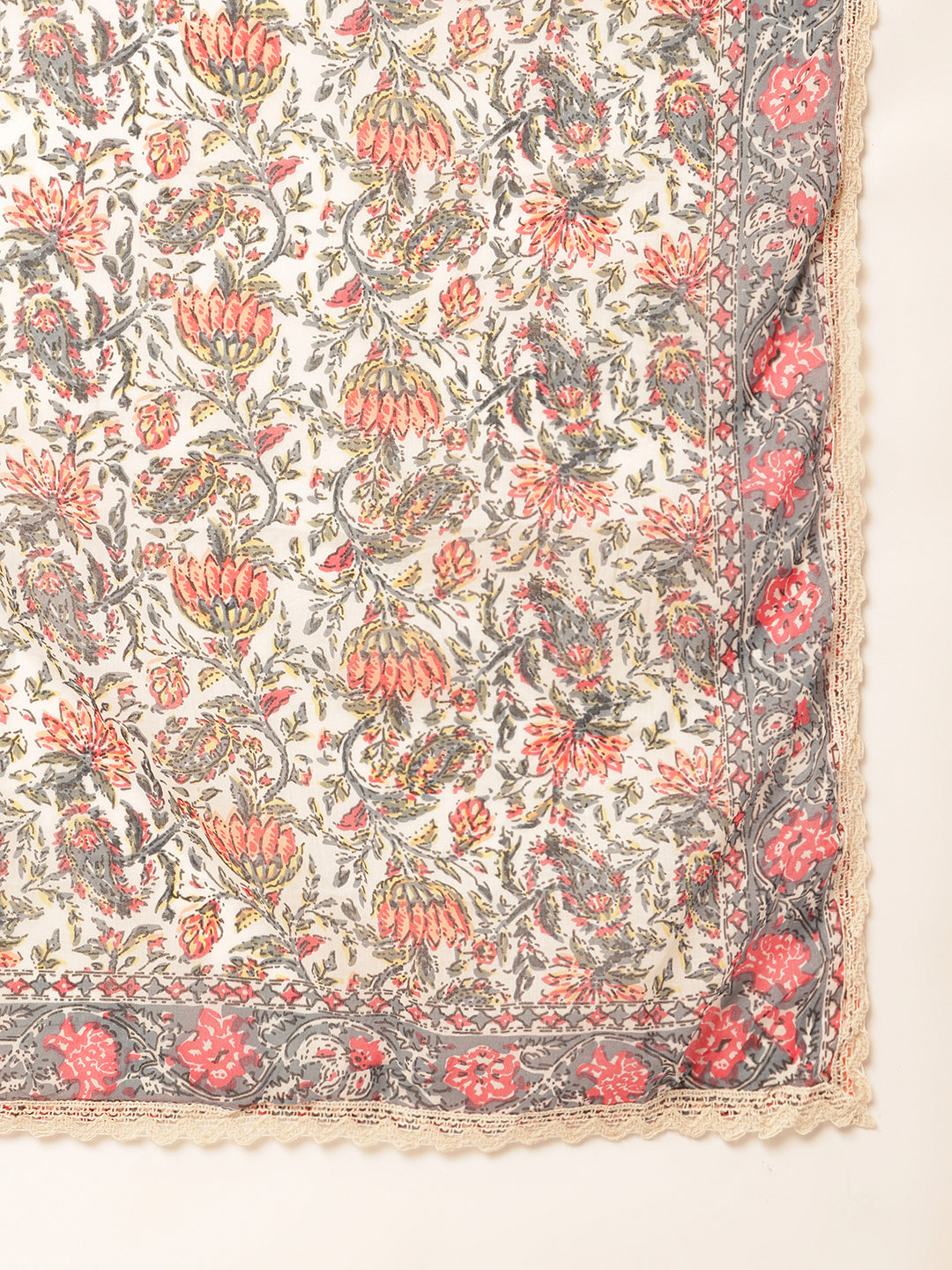 Beige Cotton Floral Printed Straight Kurta Set