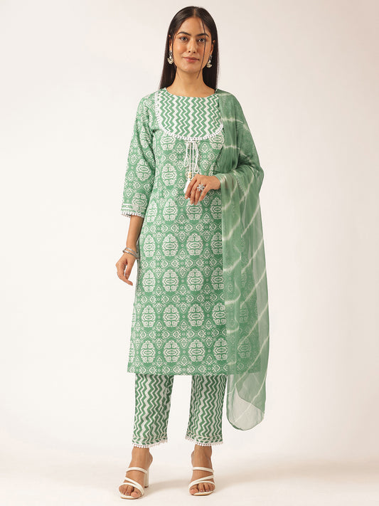 Sea Green Cotton Geometric Printed Straight Kurta Set