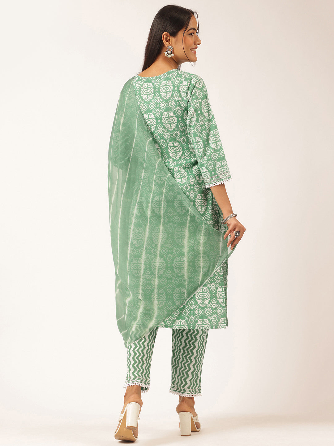 Sea Green Cotton Geometric Printed Straight Kurta Set