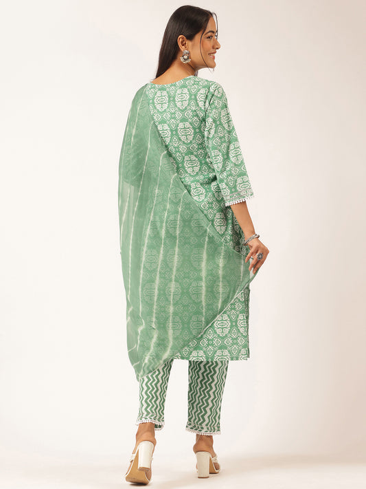 Sea Green Cotton Geometric Printed Straight Kurta Set