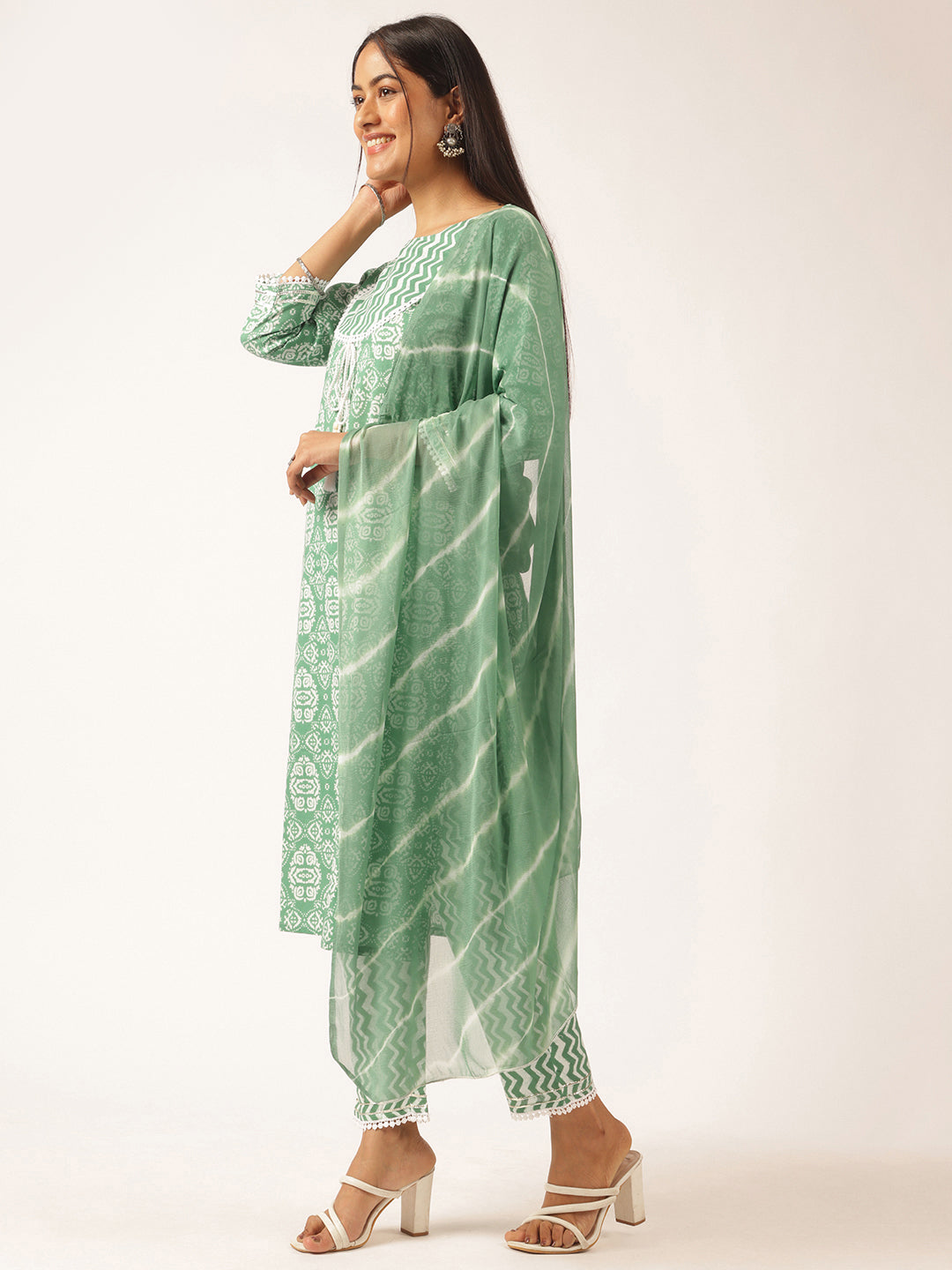 Sea Green Cotton Geometric Printed Straight Kurta Set