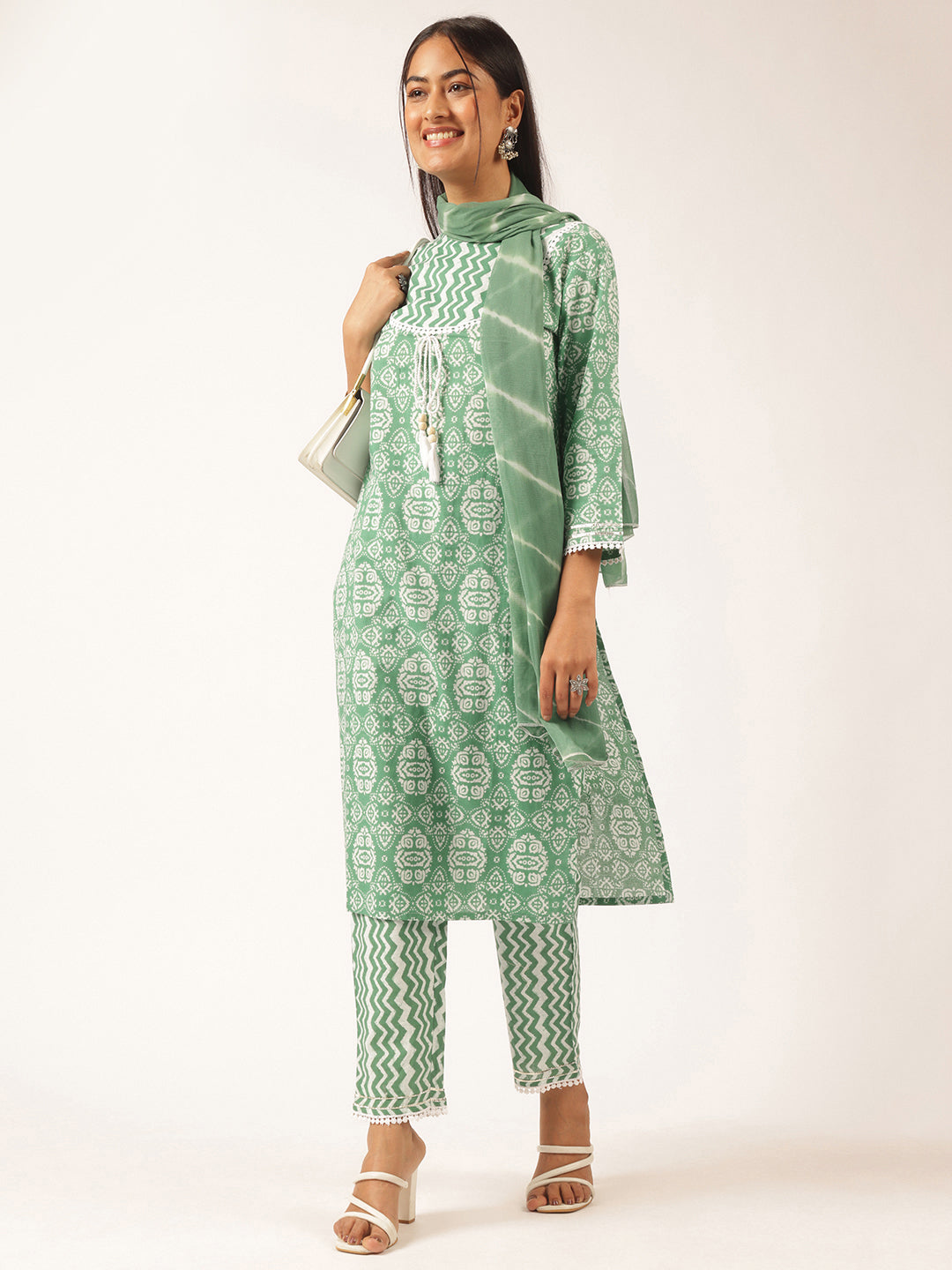 Sea Green Cotton Geometric Printed Straight Kurta Set