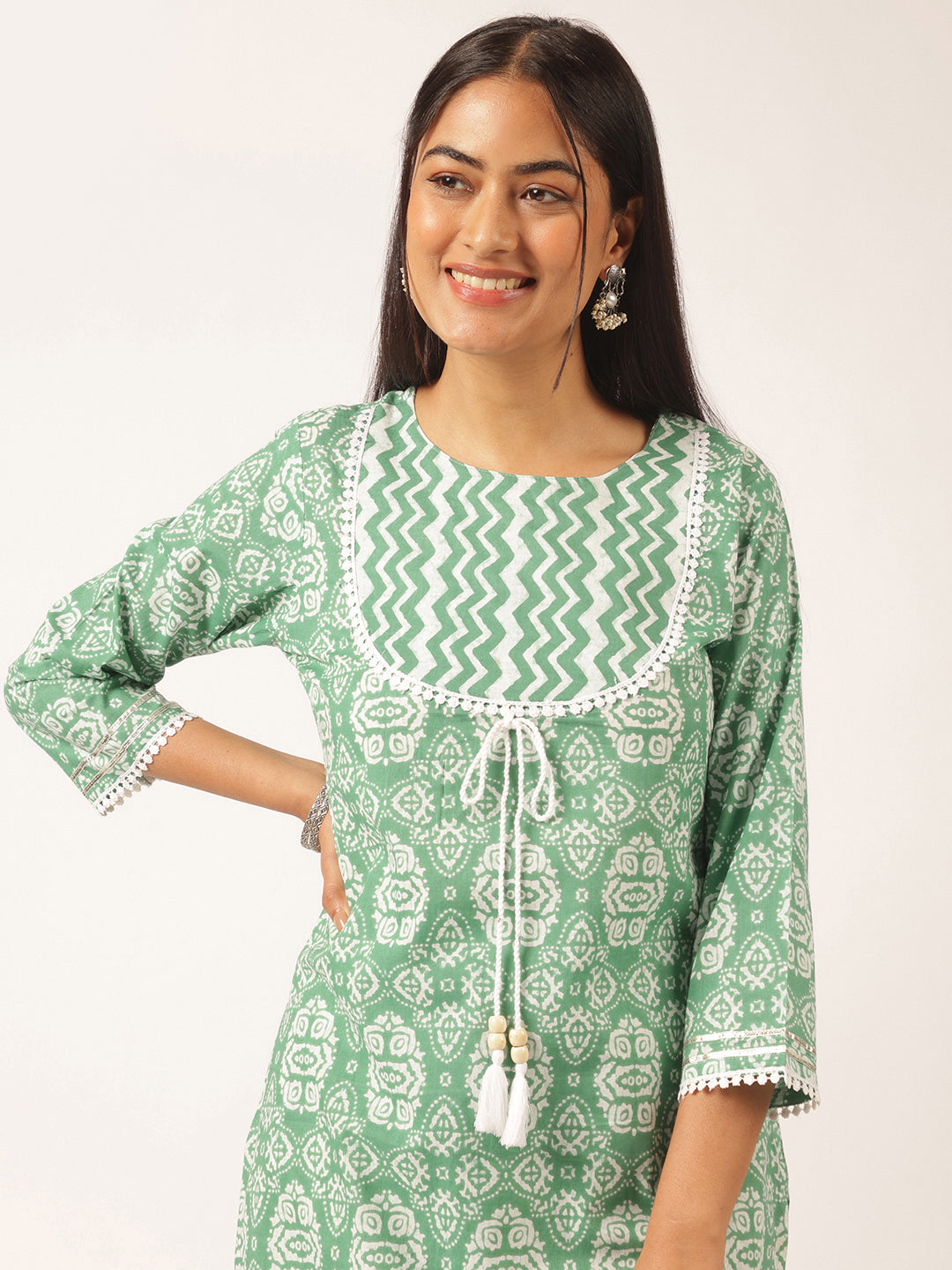Sea Green Cotton Geometric Printed Straight Kurta Set