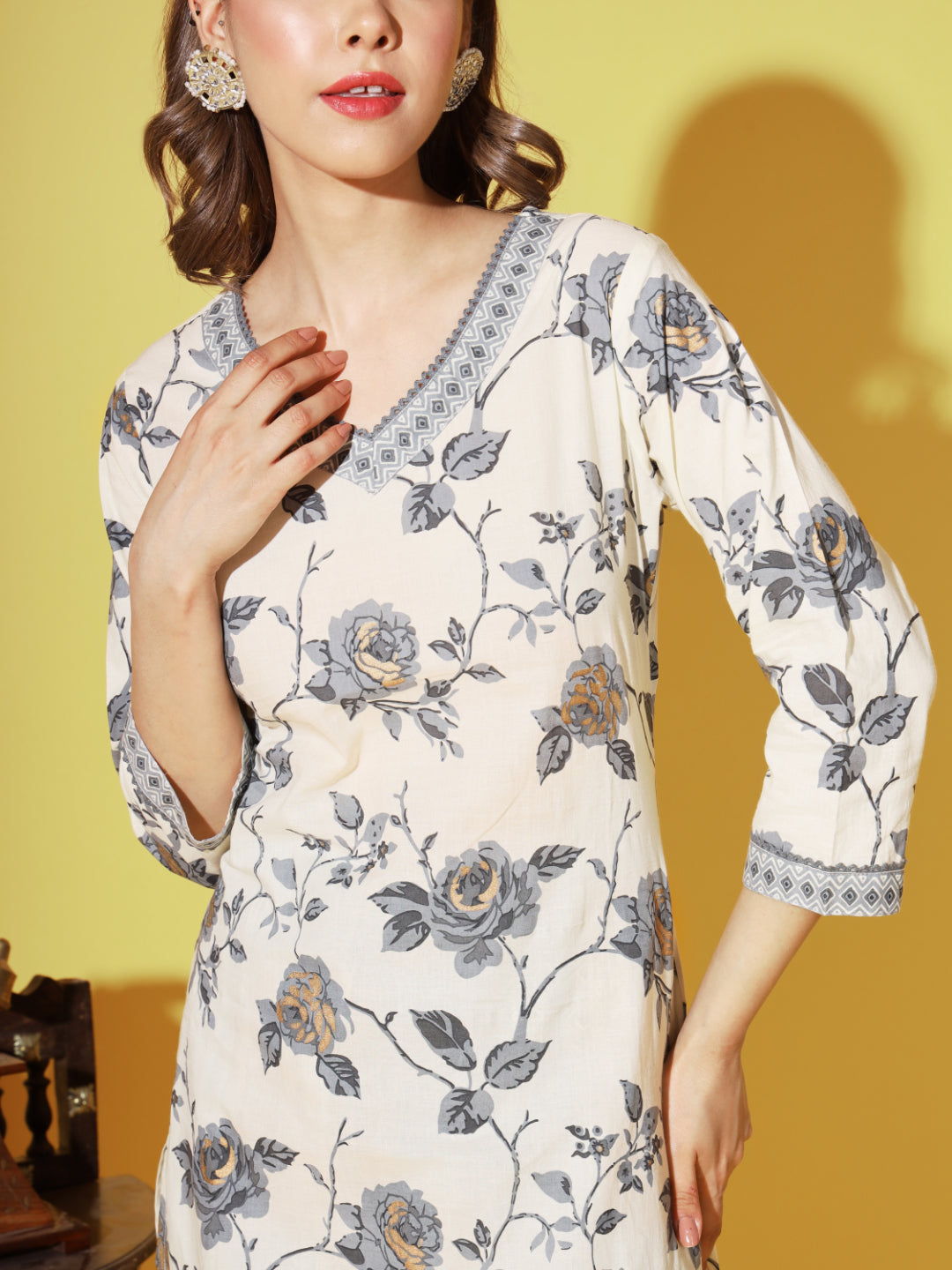 Grey Printed Cotton Straight Kurta Set