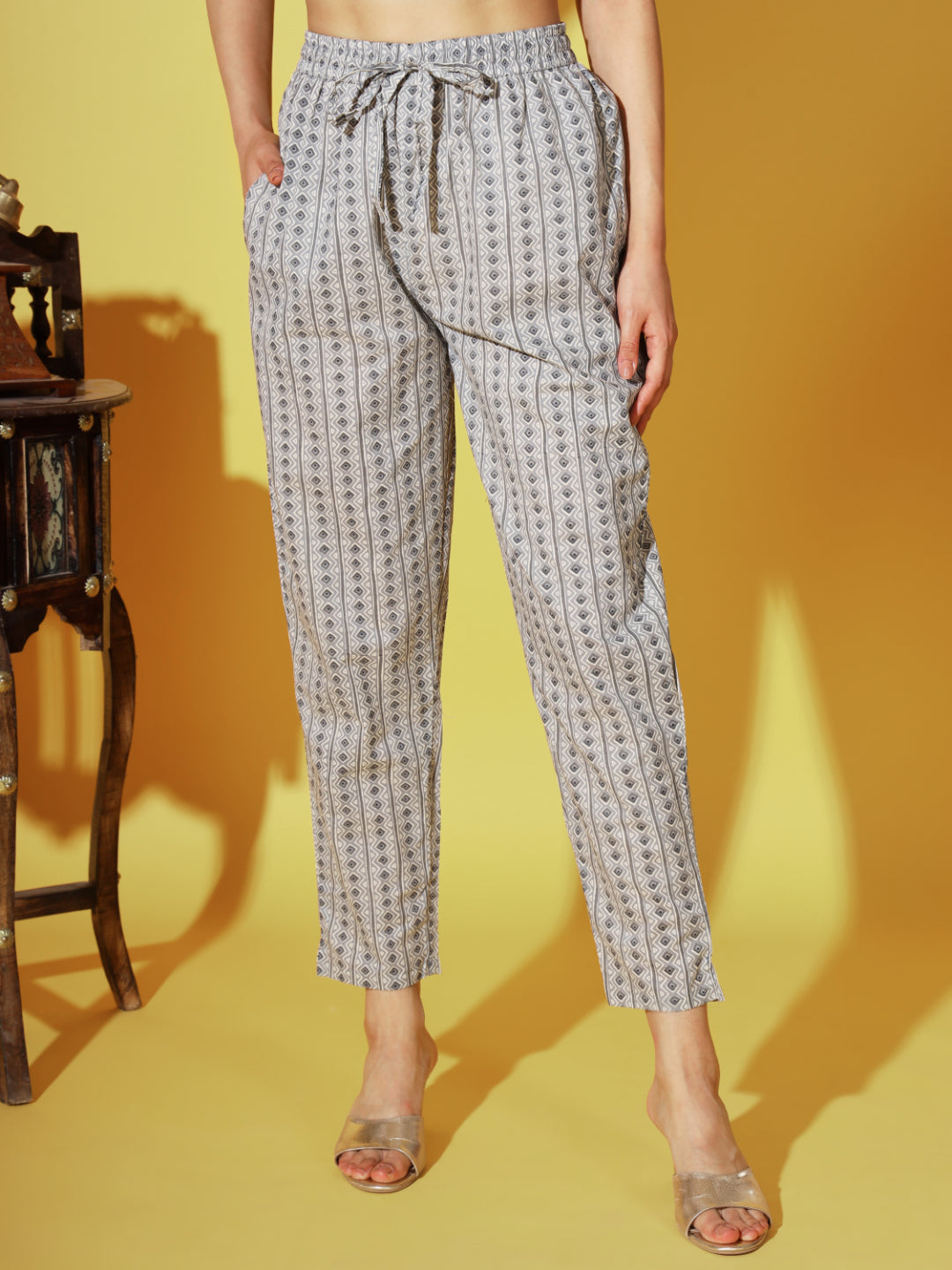 Grey Printed Cotton Straight Kurta Set
