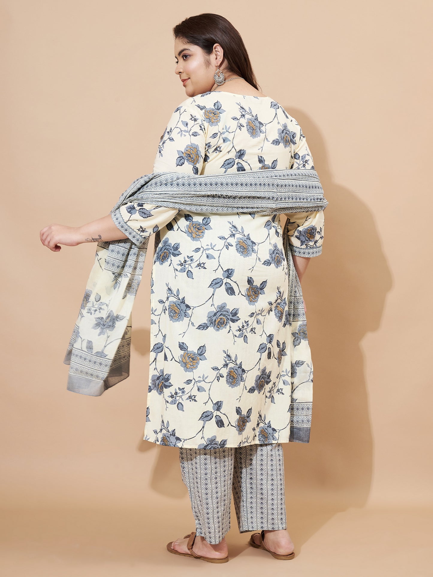 Grey Printed Straight Cotton Stitched Kurta Set
