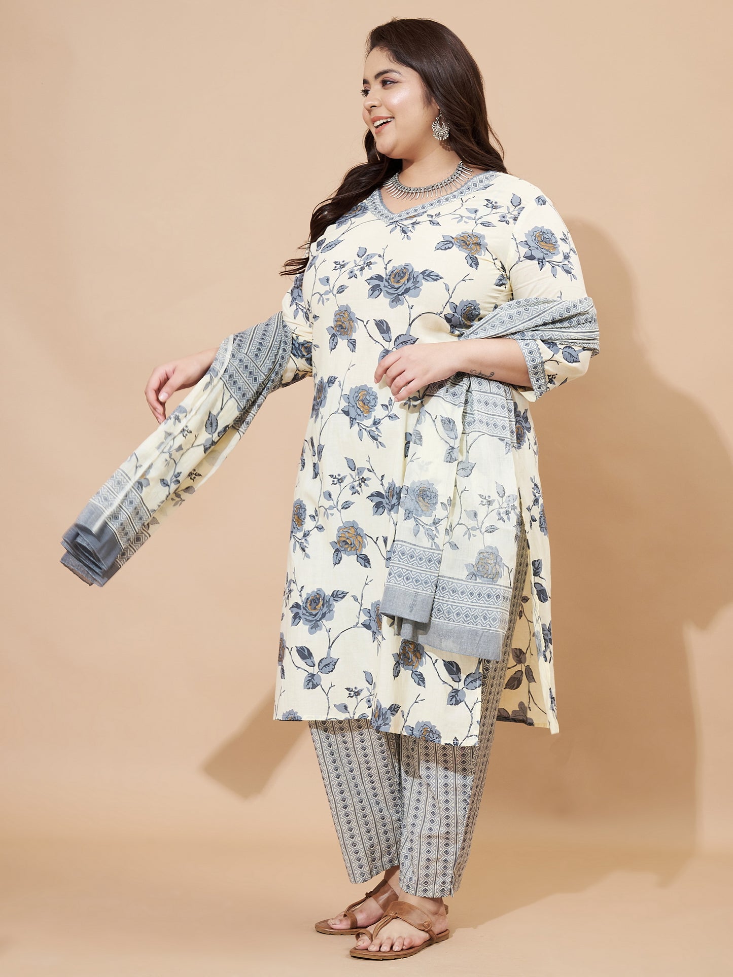 Grey Printed Straight Cotton Stitched Kurta Set