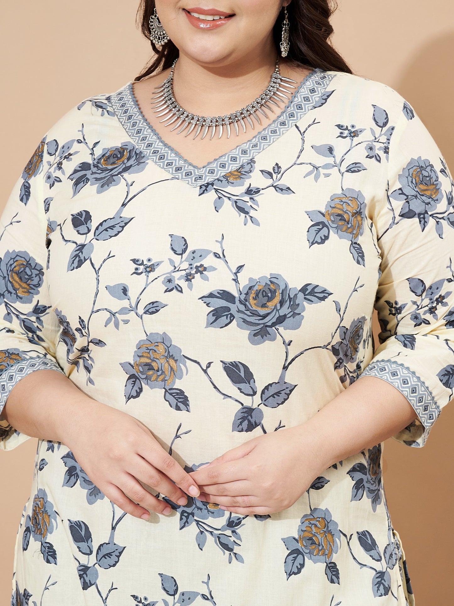 Grey Printed Straight Cotton Stitched Kurta Set