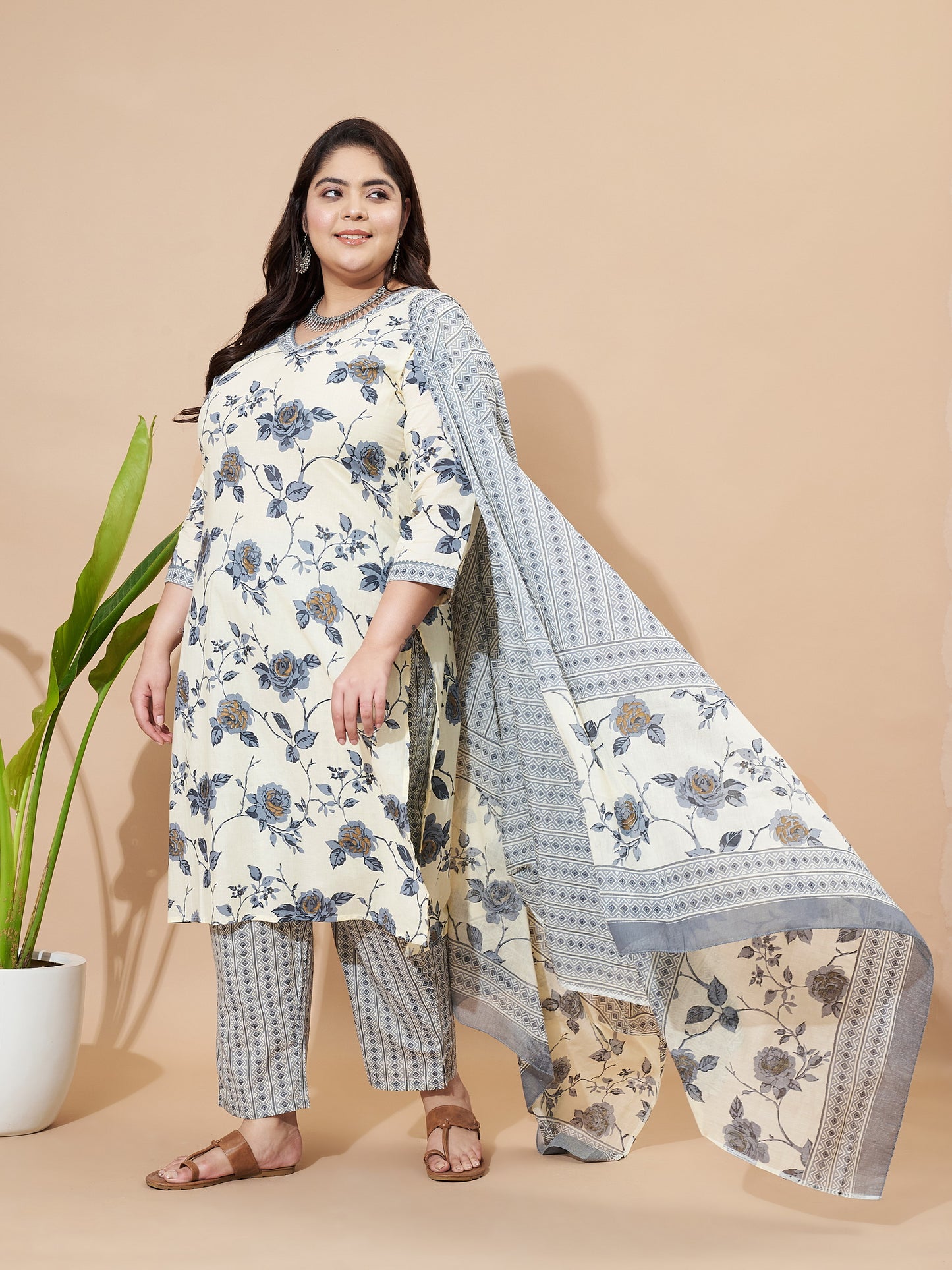 Grey Printed Straight Cotton Stitched Kurta Set