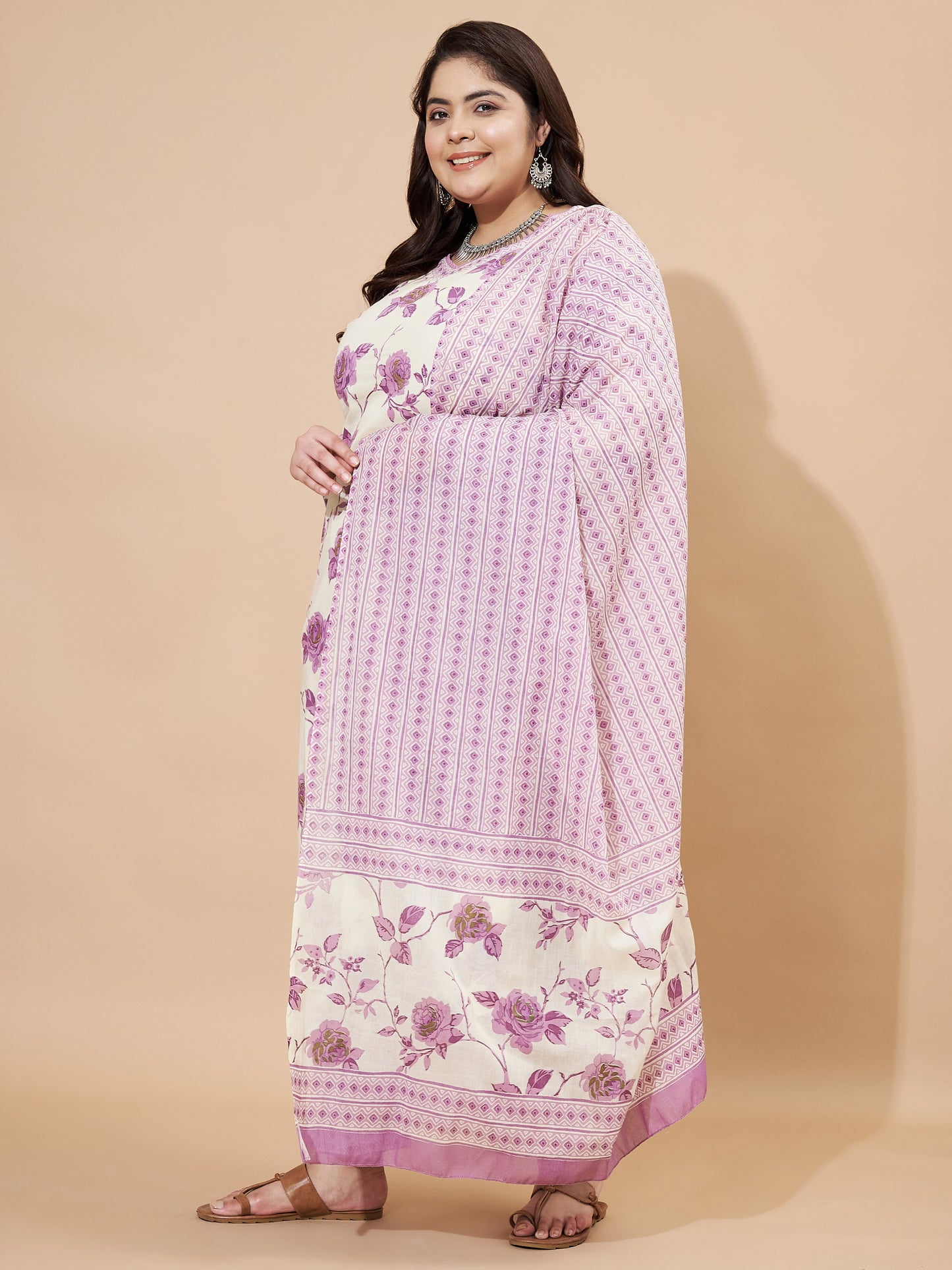 Purple Printed Straight Cotton Stitched Kurta Set