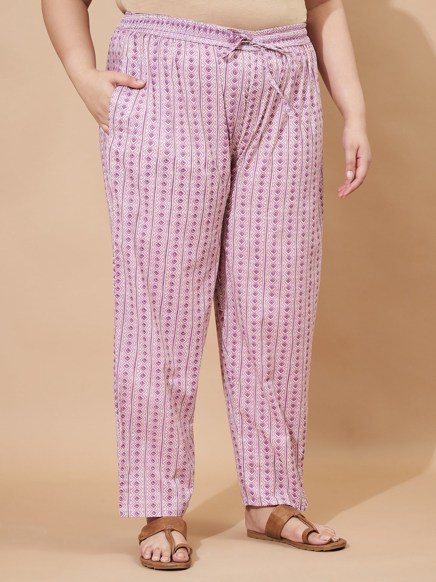 Purple Printed Straight Cotton Stitched Kurta Set