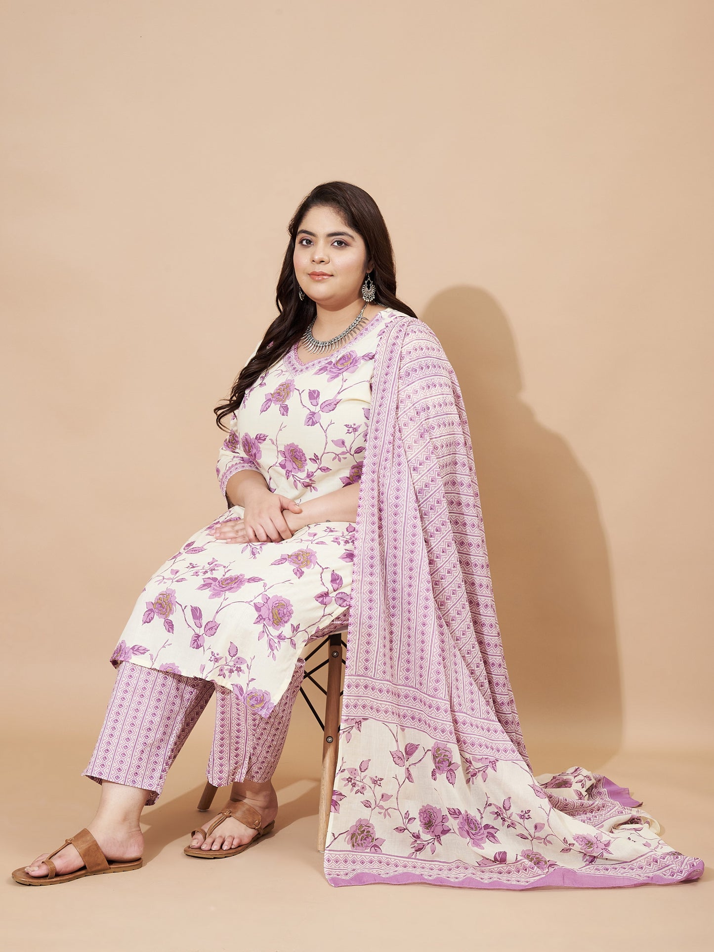 Purple Printed Straight Cotton Stitched Kurta Set
