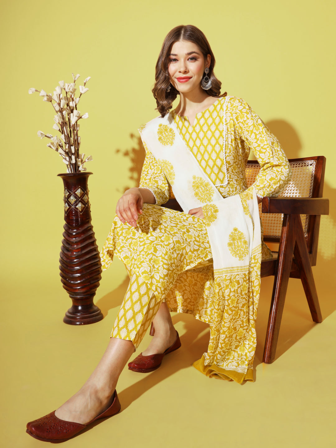 Yellow Printed Straight Cotton Kurta Set