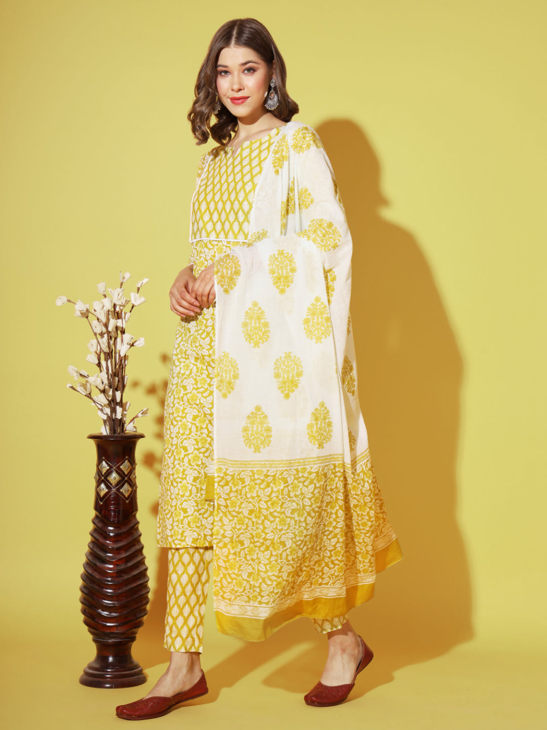 Yellow Printed Straight Cotton Kurta Set
