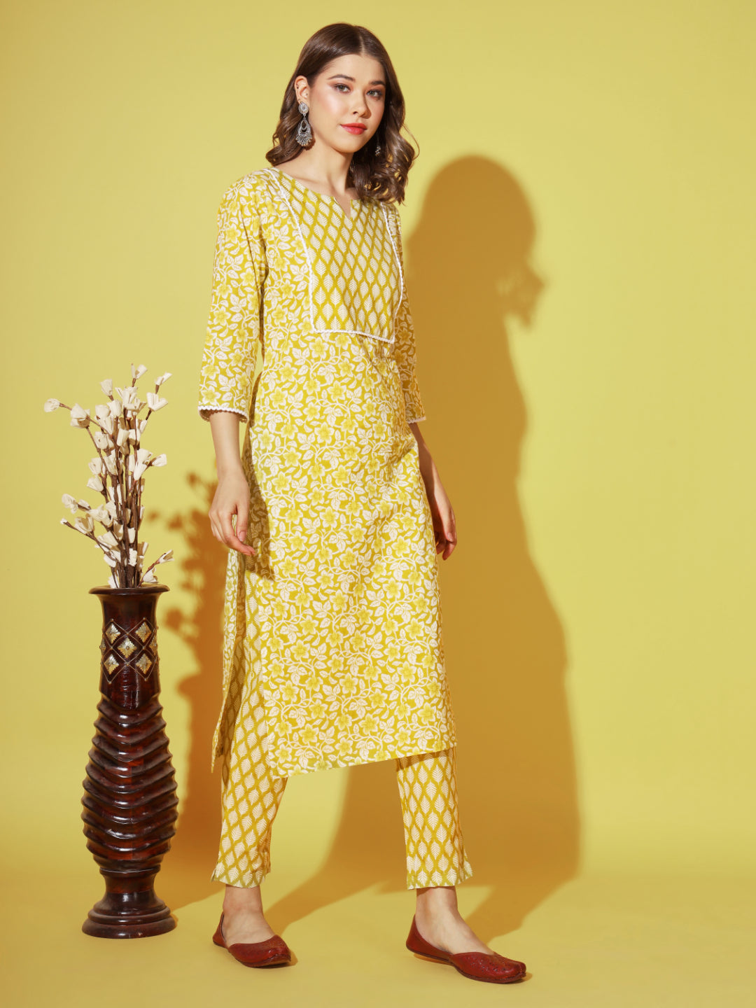Yellow Printed Straight Cotton Kurta Set