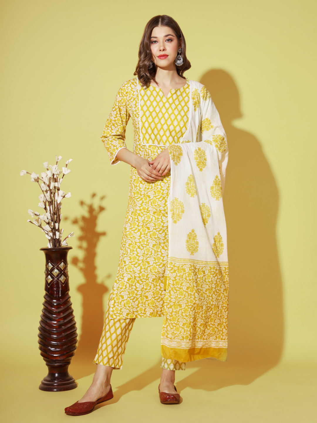 Yellow Printed Straight Cotton Kurta Set