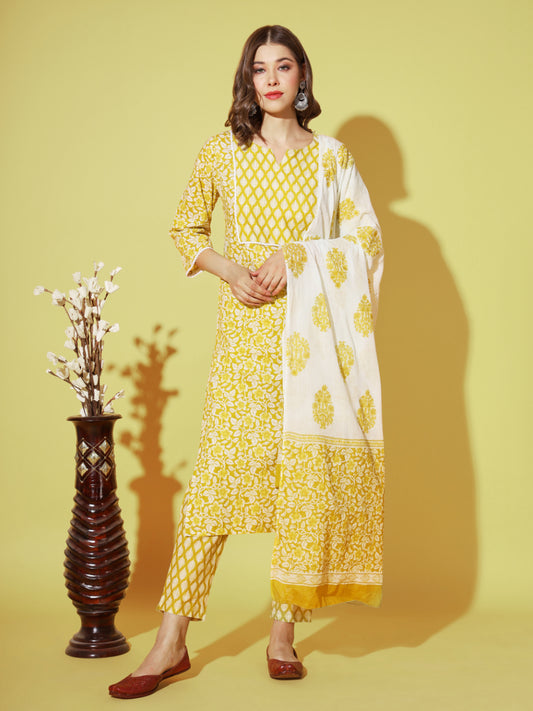 Yellow Printed Straight Cotton Kurta Set