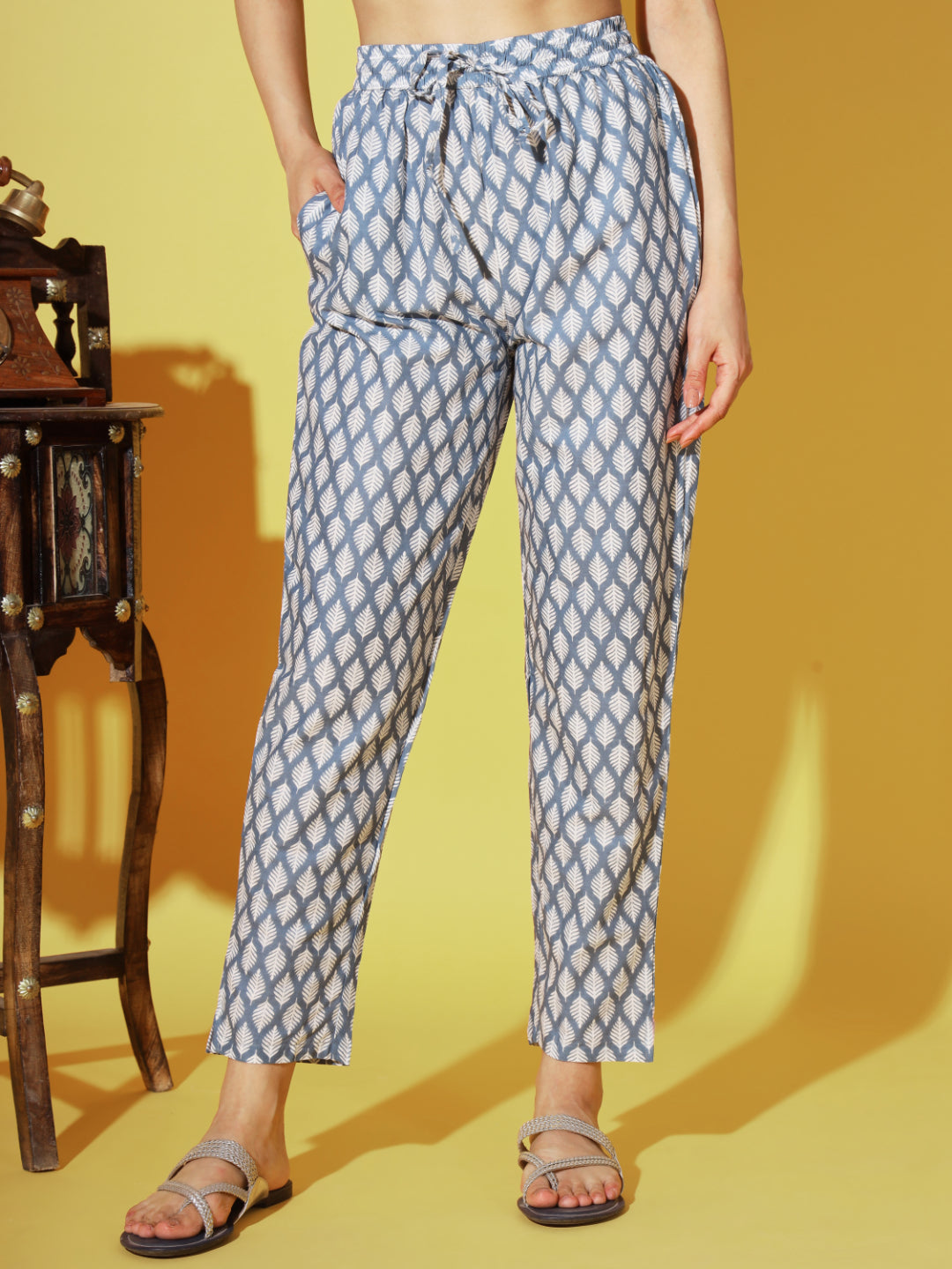 Blue Printed Straight Cotton Kurta Set