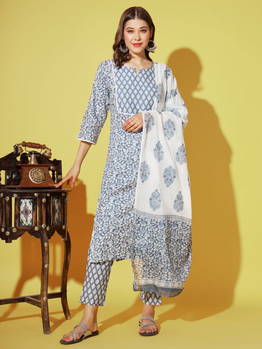 Blue Printed Straight Cotton Kurta Set