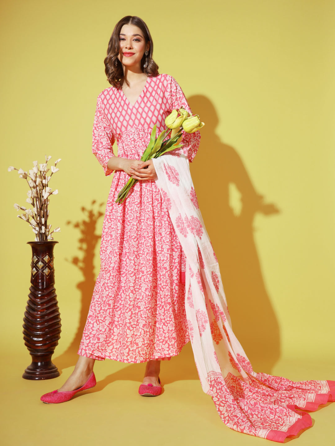 Pink Printed Anarkali Cotton Kurta Set