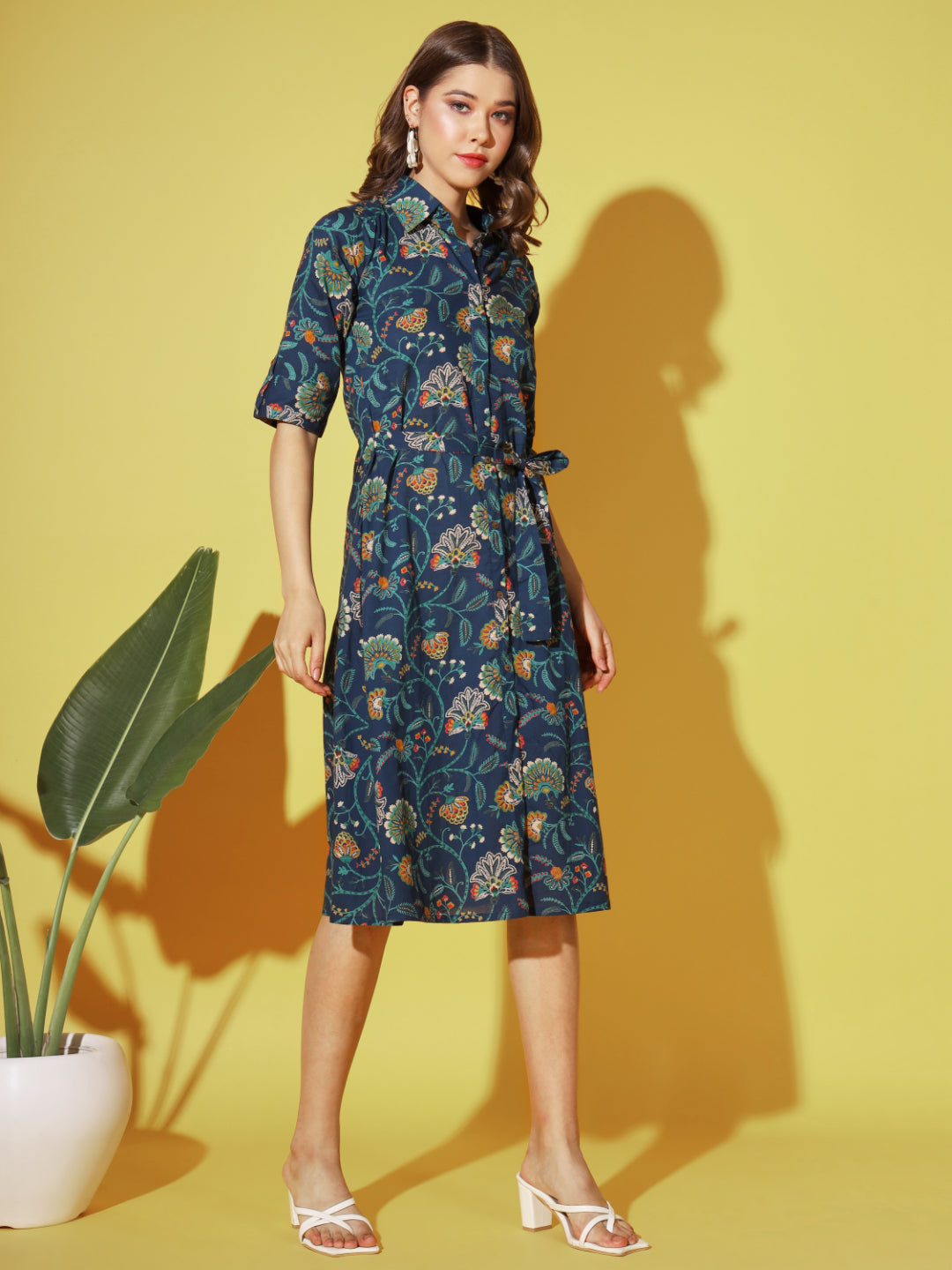 Blue Printed A-Line Cotton Dress