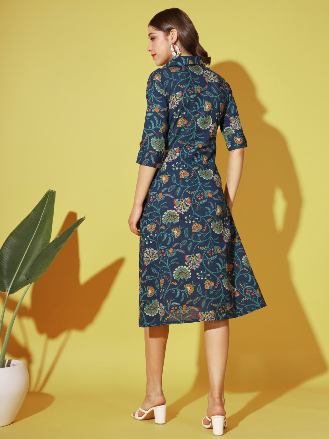 Blue Printed A-Line Cotton Dress