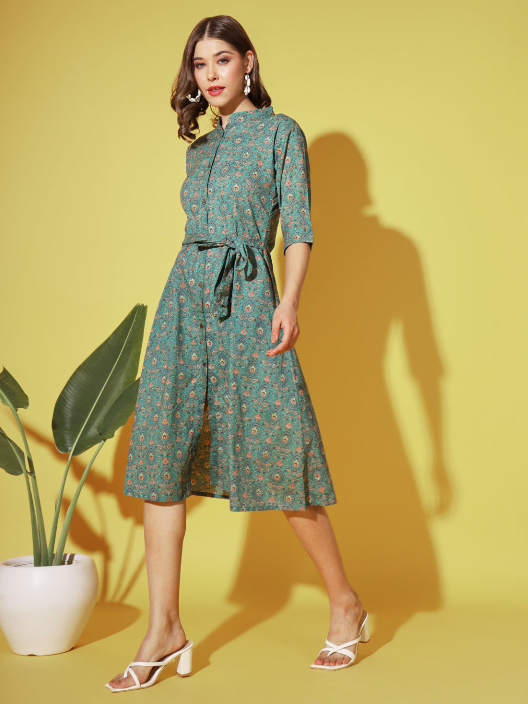 Green Printed A-Line Cotton Dress