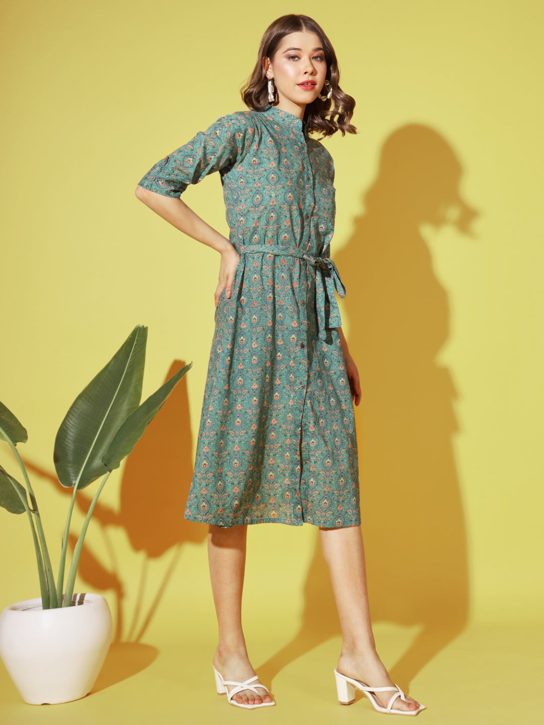 Green Printed A-Line Cotton Dress