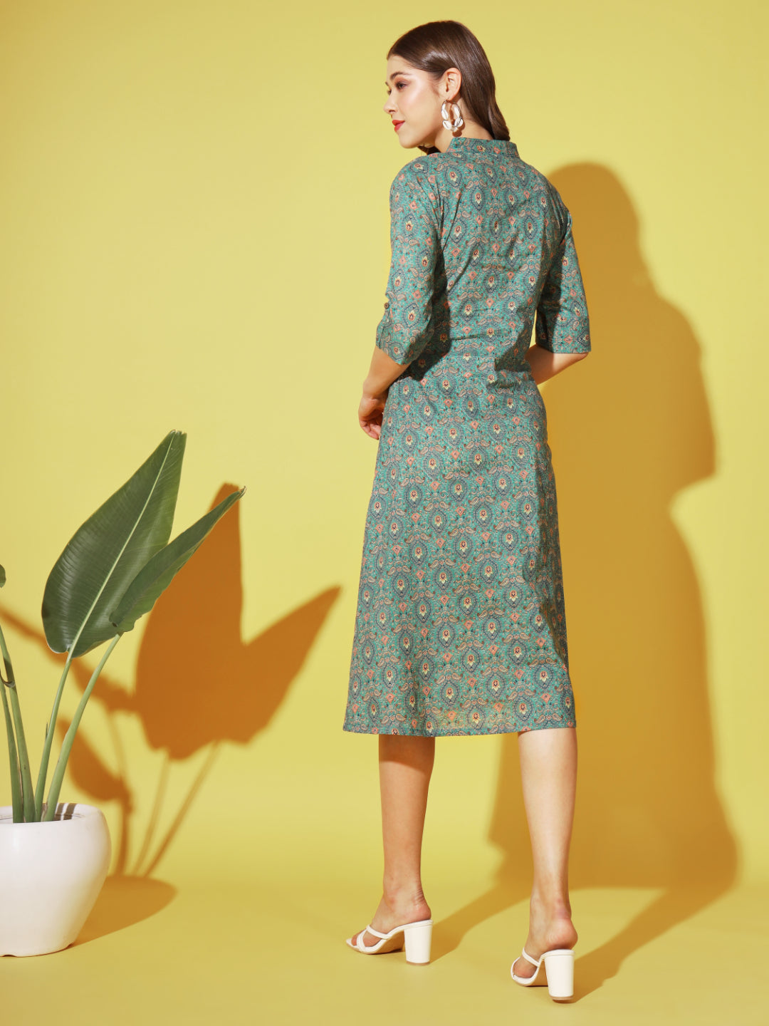 Green Printed A-Line Cotton Dress