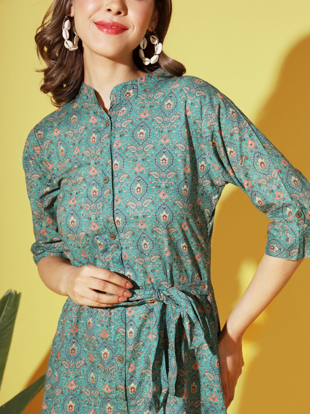 Green Printed A-Line Cotton Dress