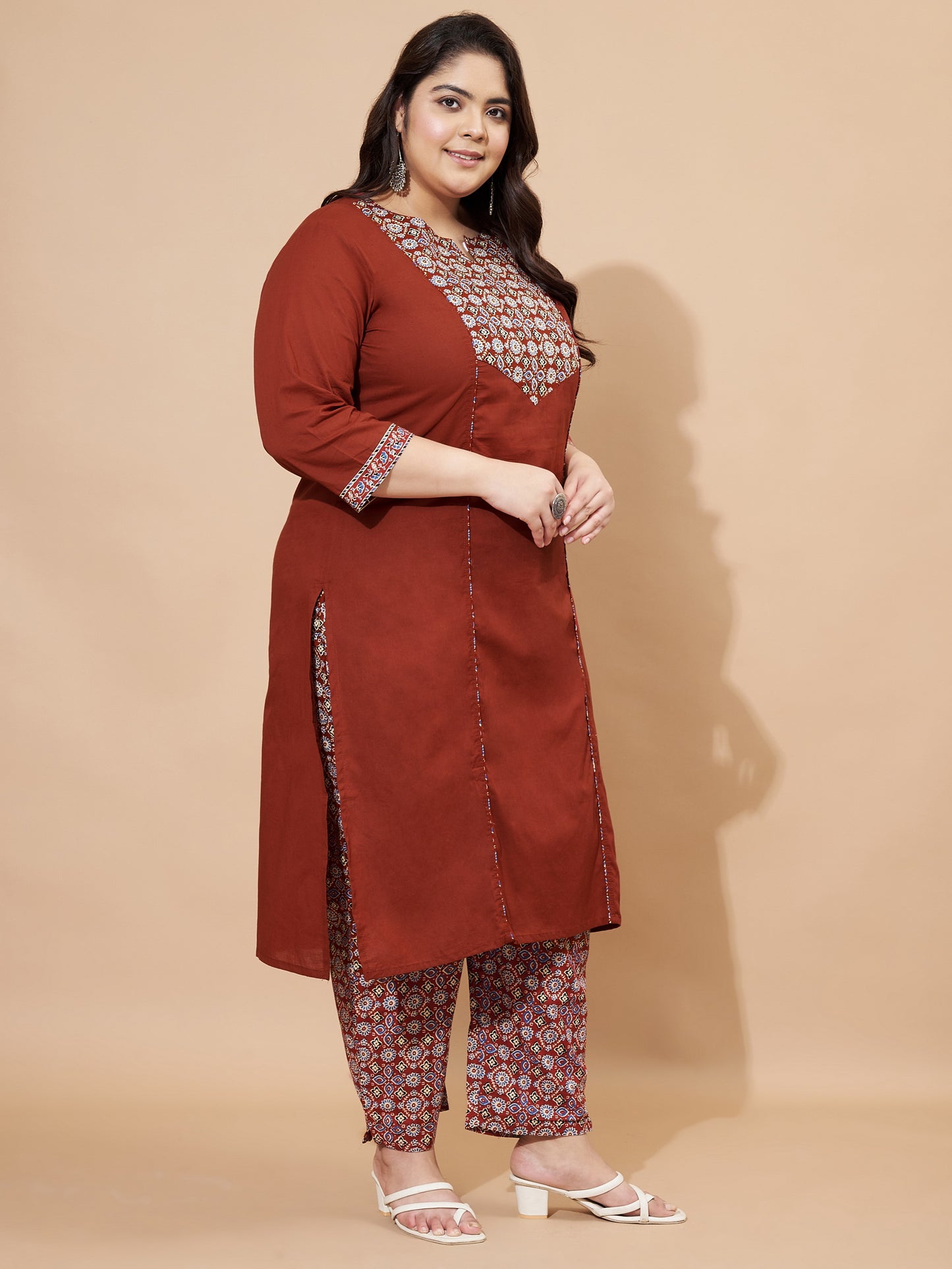 Maroon Floral Print Cotton Stitched Kurta Set