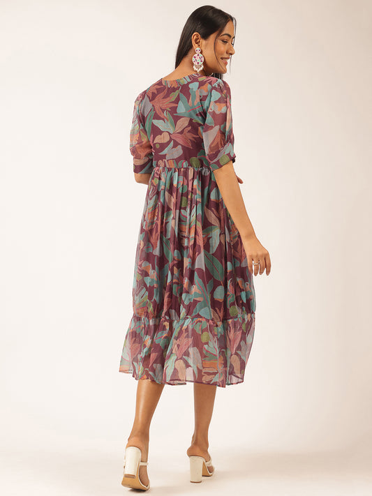 Purple Floral Printed Flared Chiffon Stitched Dress