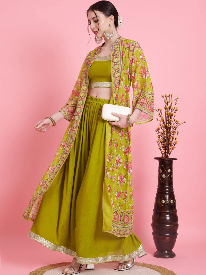 Parrot-Green Printed Georgette Crush Crop Top Palazzo With Shrug Set