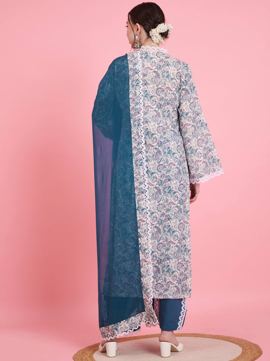 Aqua Floral Print Straight Cotton Stitched Kurta Set