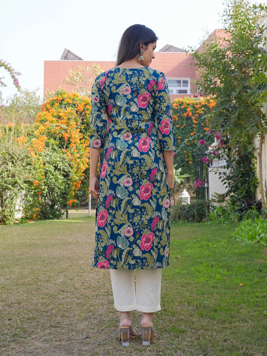 Aqua Blue Printed Cotton Straight Kurta