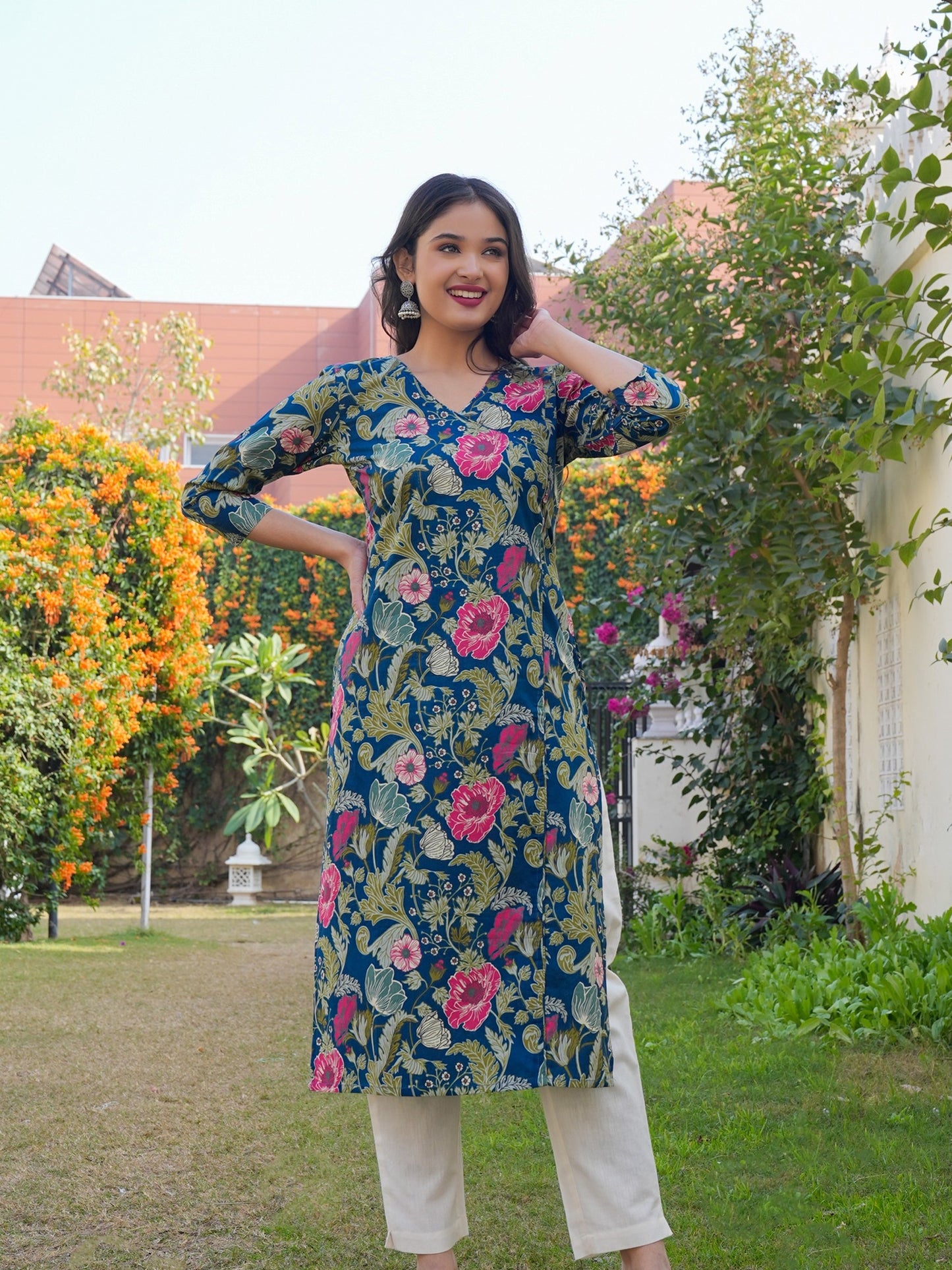 Aqua Blue Printed Cotton Straight Kurta