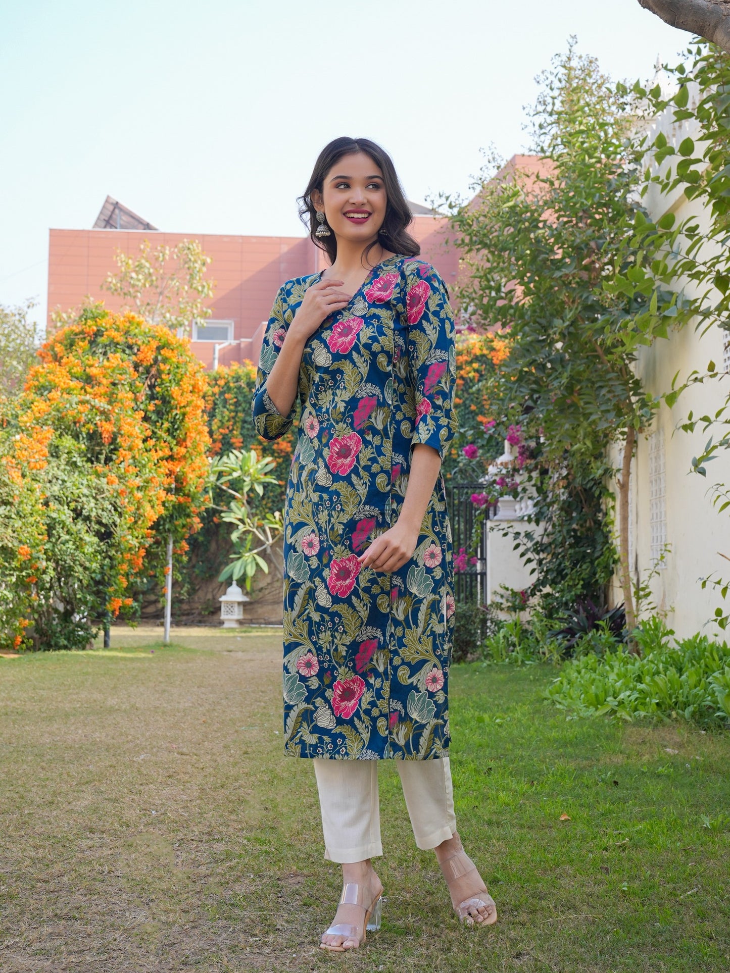 Aqua Blue Printed Cotton Straight Kurta