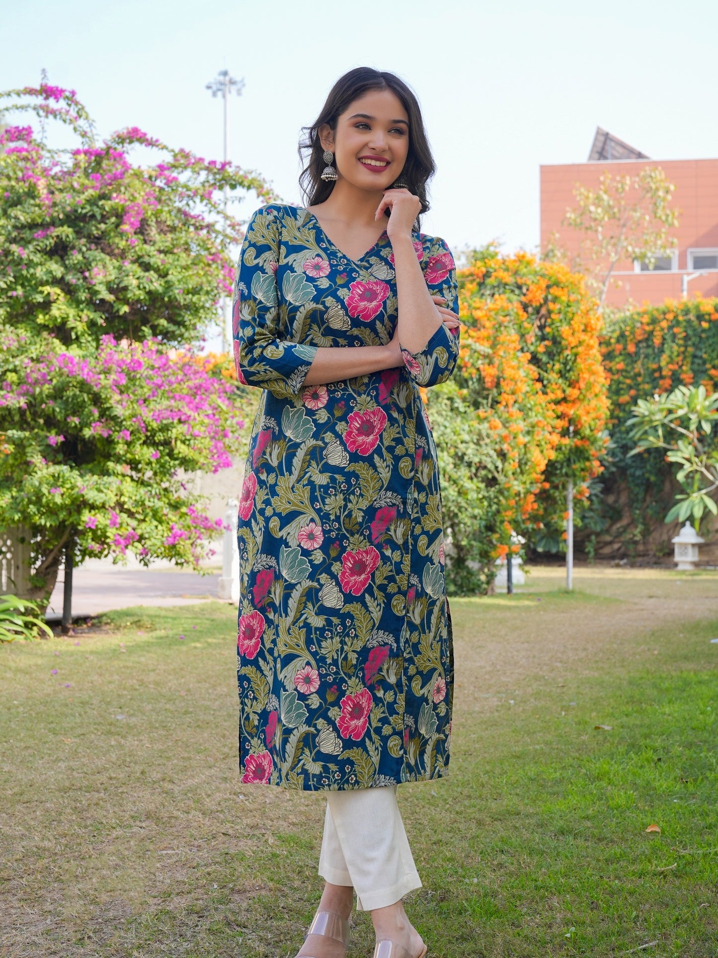 Aqua Blue Printed Cotton Straight Kurta