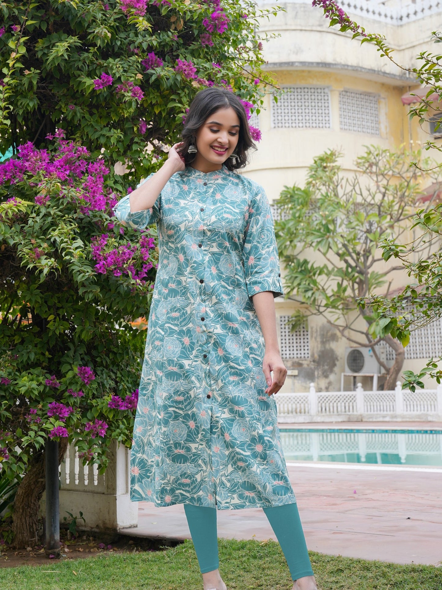 Turquoise Cotton Printed Straight Kurta