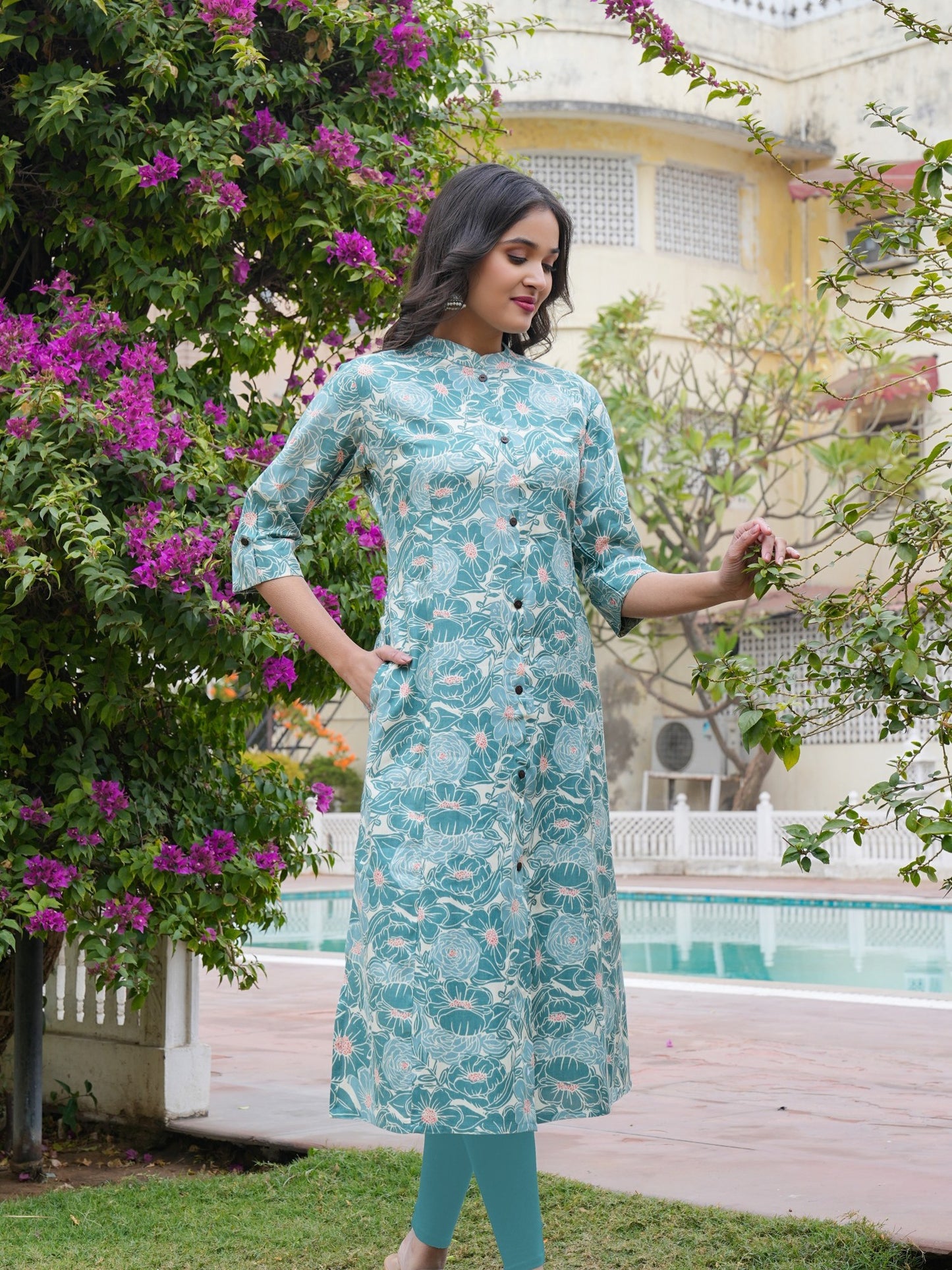 Turquoise Cotton Printed Straight Kurta