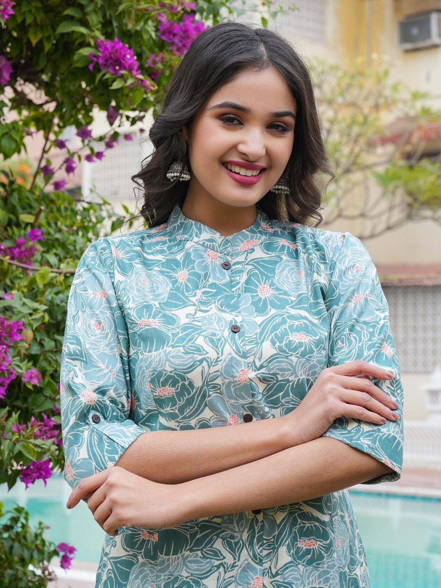Turquoise Cotton Printed Straight Kurta