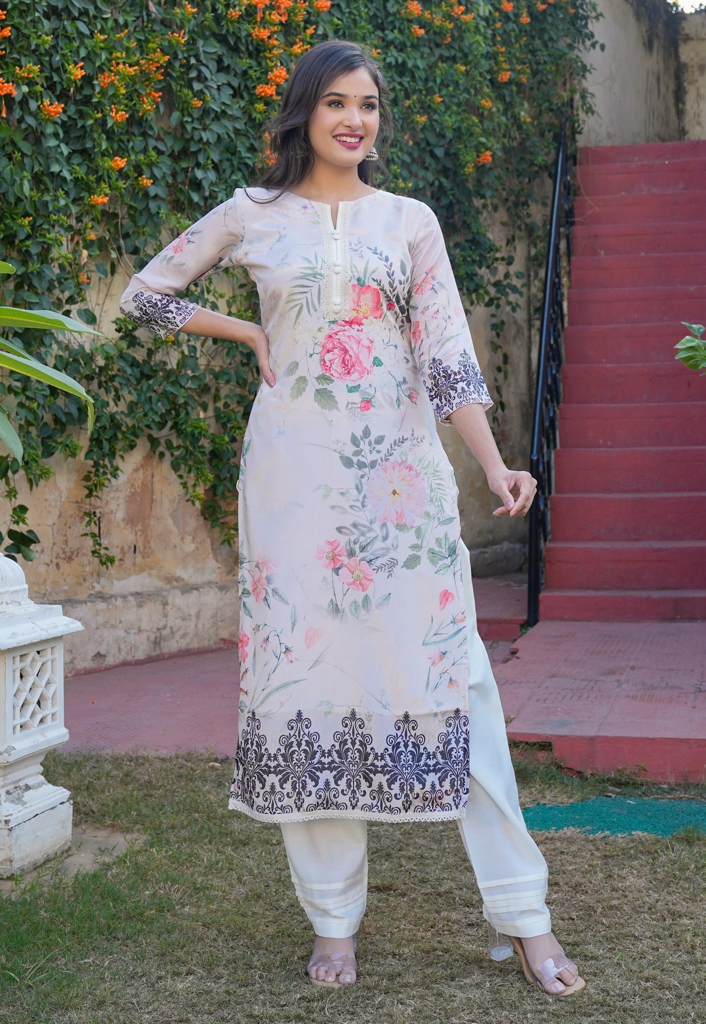 Off White Floral Print Straight Chinon Stitched Kurta Set