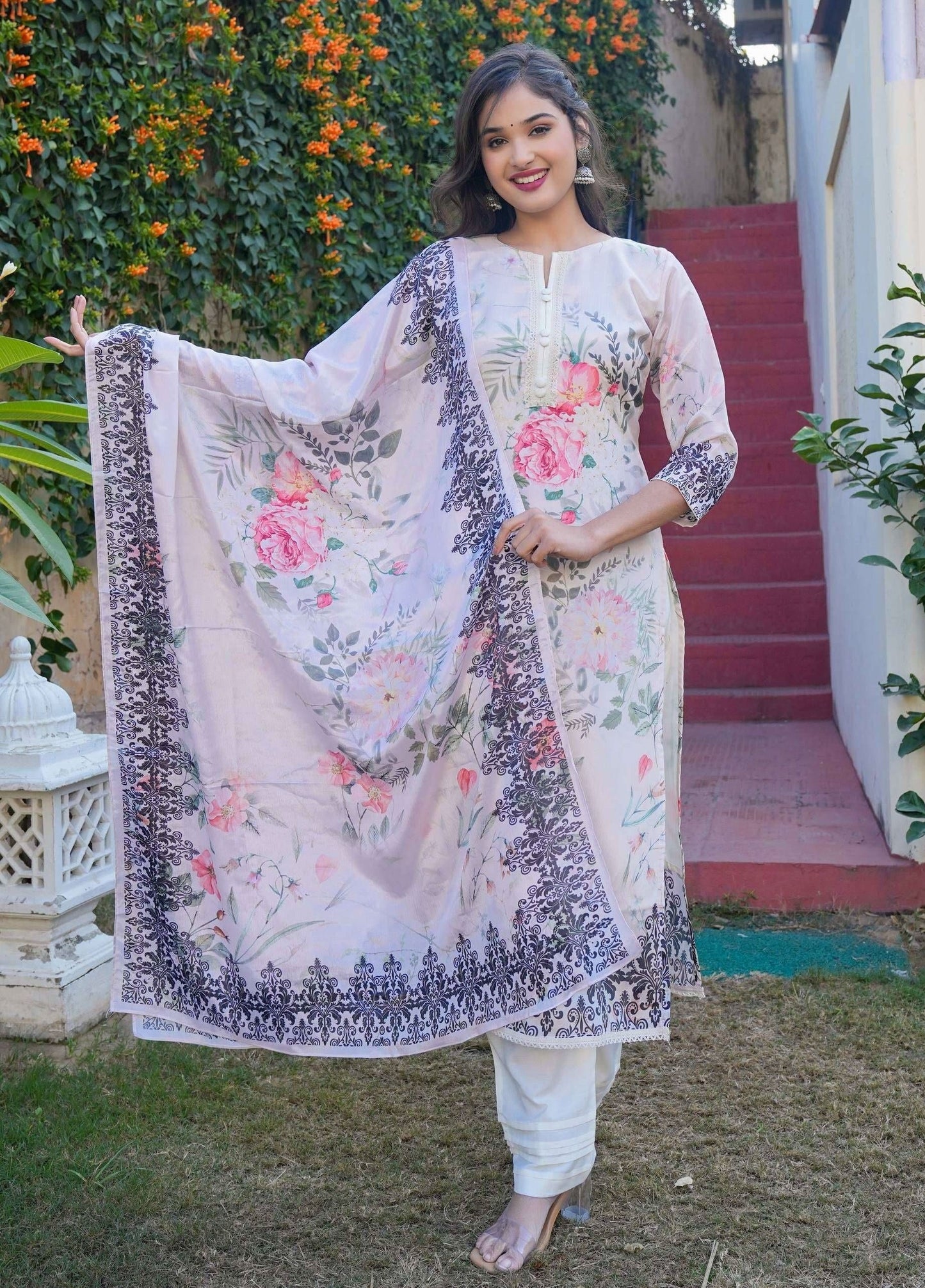 Off White Floral Print Straight Chinon Stitched Kurta Set