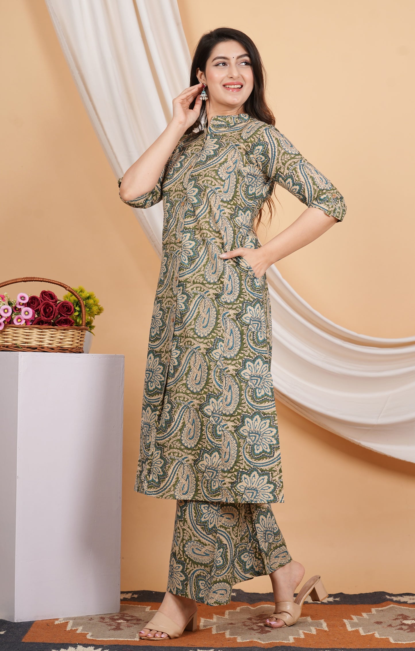 Mehndi Green Straight Cotton Co-Ord Set